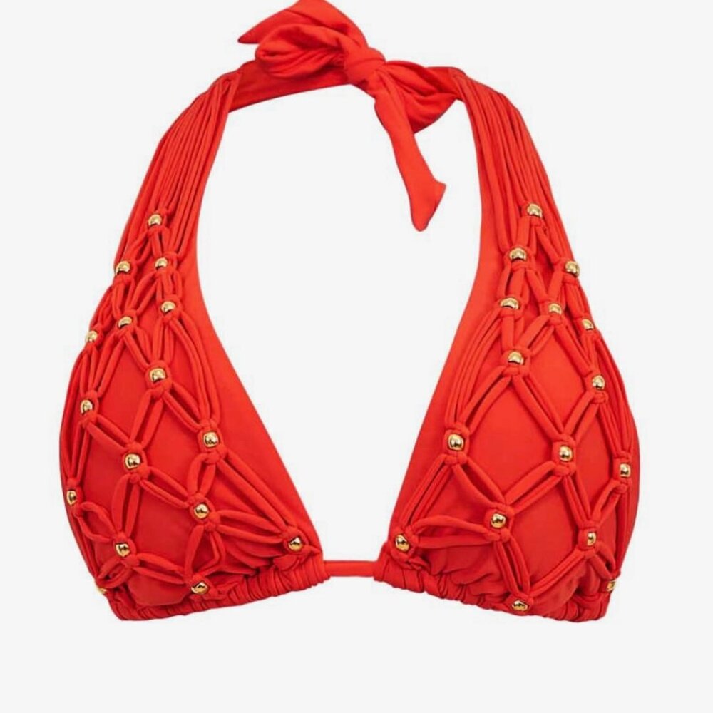 PQ SWIM GOLD BEADED BRYNN HALTER-BASIC RUCHED BIKINI RED SMALL / BRAND NEW W TAG